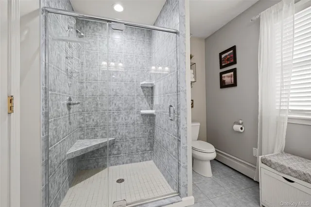 a bathroom with a shower and a toilet