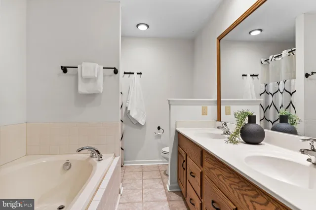 a bathroom with a tub sink and mirror