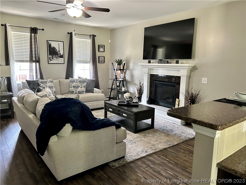 96 Eaker Drive Cameron, NC 28326 - Photo 8 of 41 a living room with furniture a flat screen tv and a fireplace