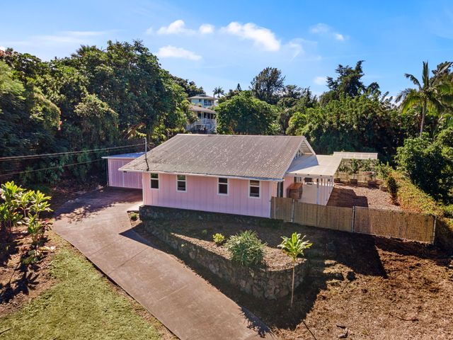 a view of a backyard with plants and a patio