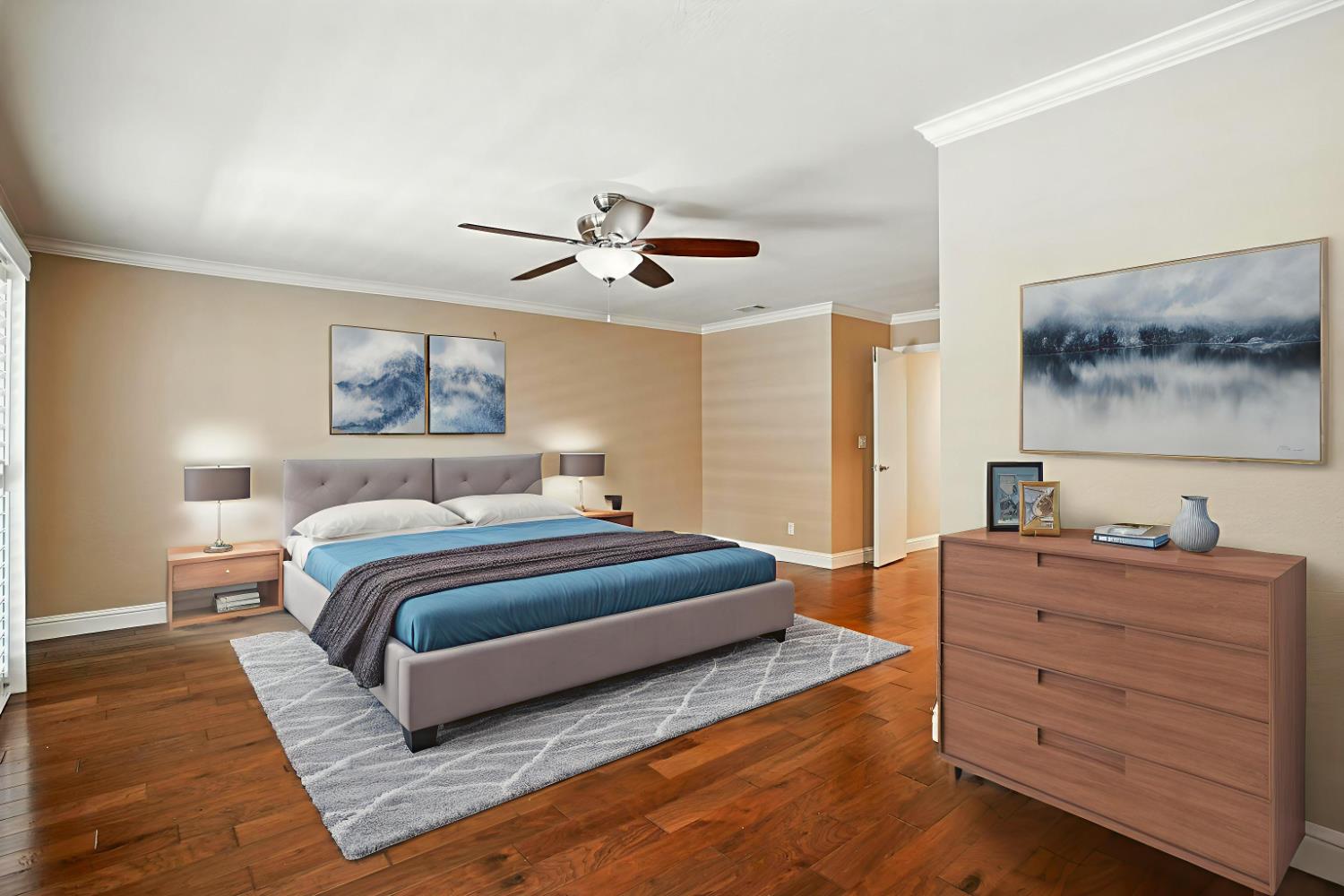 906 Ranch Road Galt, CA 95632 - Photo 16 of 38 bedroom featuring crown molding, dark wood finished floors, and ceiling fan