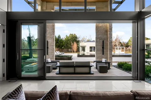 a building outdoor space with patio furniture