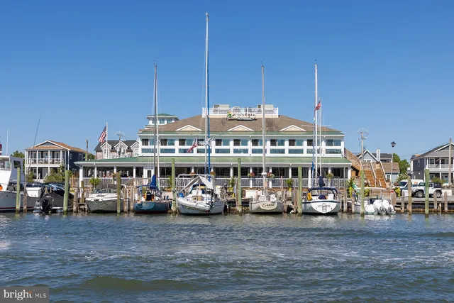 a view of a lake with a bench and a fountain