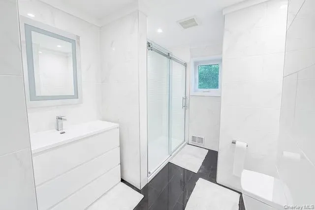 a bathroom with a sink a toilet a shower and a mirror