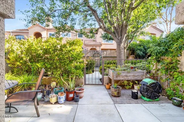 a view of backyard with outdoor seating and trees