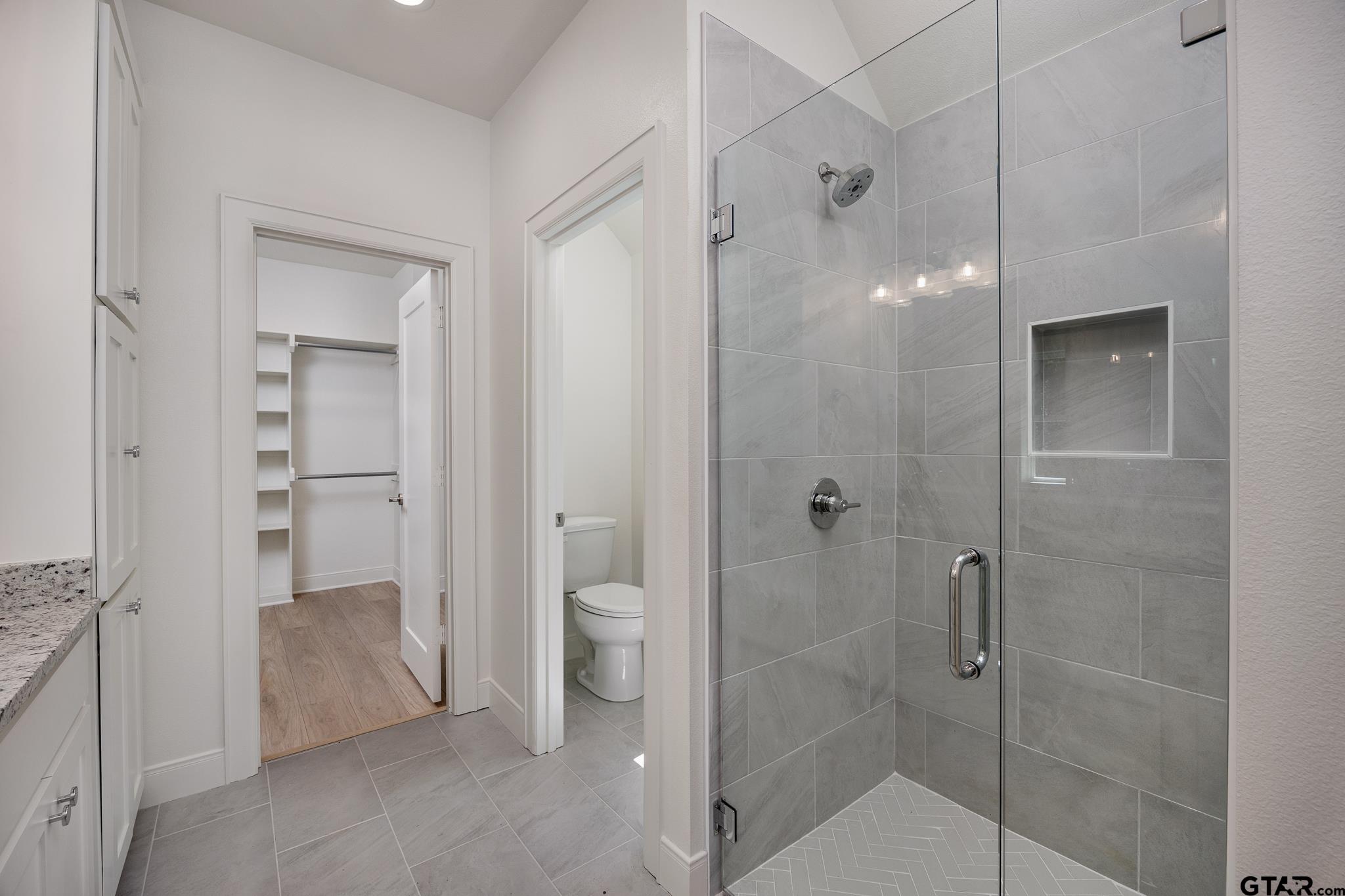 a bathroom with a shower and a toilet