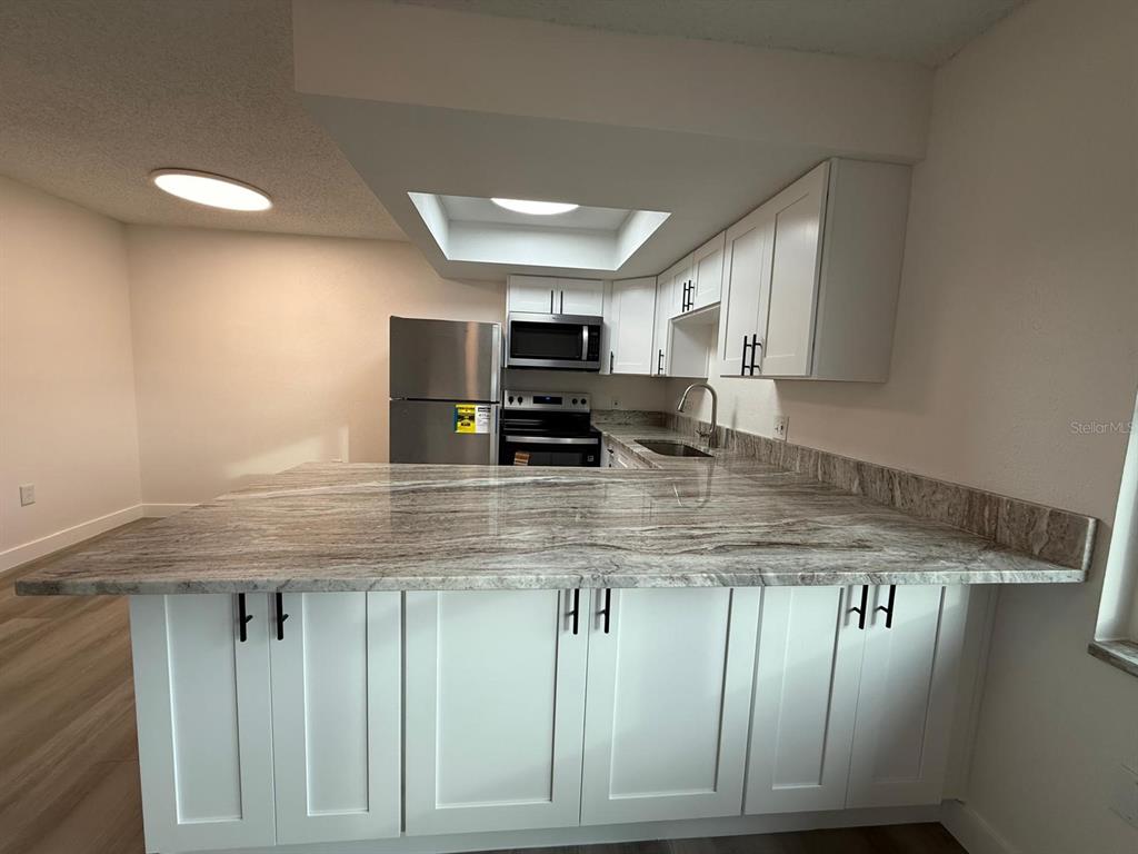 6125 Chesham Drive, Unit 1 New Port Richey, FL 34653 - Photo 5 of 39 a kitchen with kitchen island granite countertop a stove a sink and a microwave