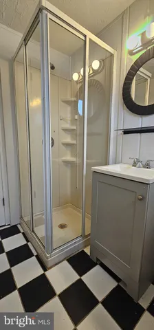 a bathroom with a double vanity sink mirror and shower