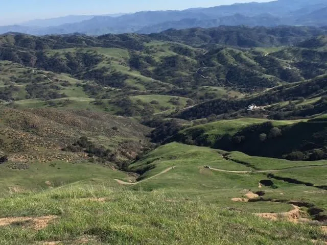 a view of a lush green hillside and houses
