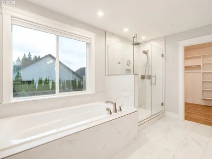 a bathroom with a bathtub and a shower
