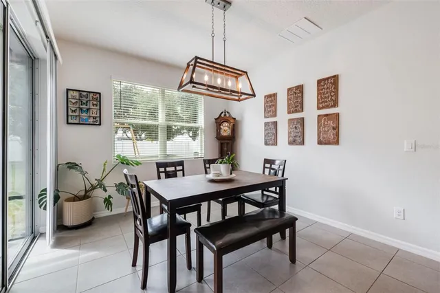 a view of a dining room with furniture window and outside view