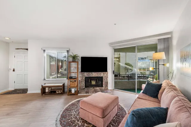 a living room with furniture a flat screen tv and a fireplace