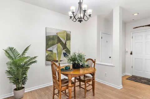 a dining room with furniture potted plants and wooden floor