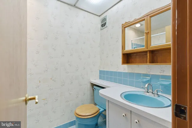 a bathroom with a sink a toilet and a mirror