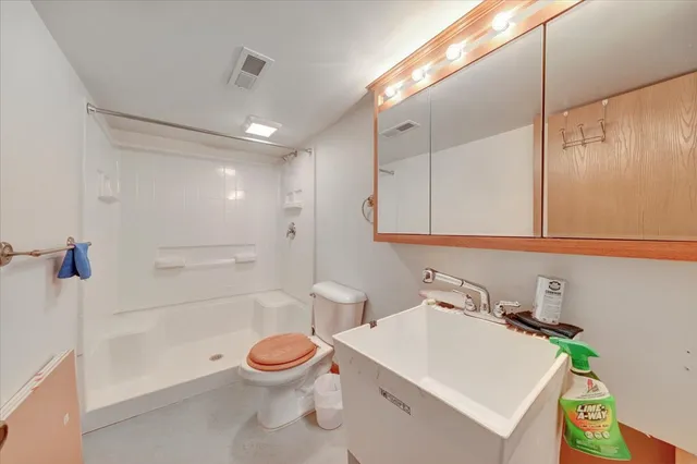 a bathroom with a sink a toilet and shower