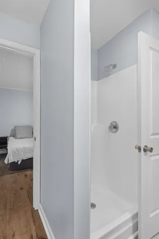 a bathroom with a bathtub