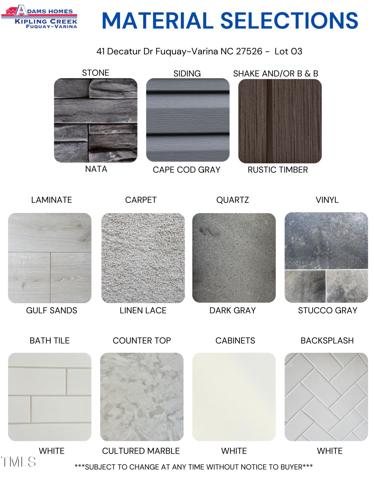 41 Decatur Drive Fuquay-Varina, NC 27526 - Photo 3 of 45 Material Color Selection Sheet