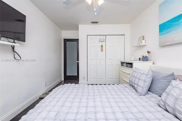 a bedroom with a bed and a flat screen tv