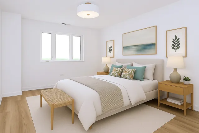 a bedroom with a bed and a couch