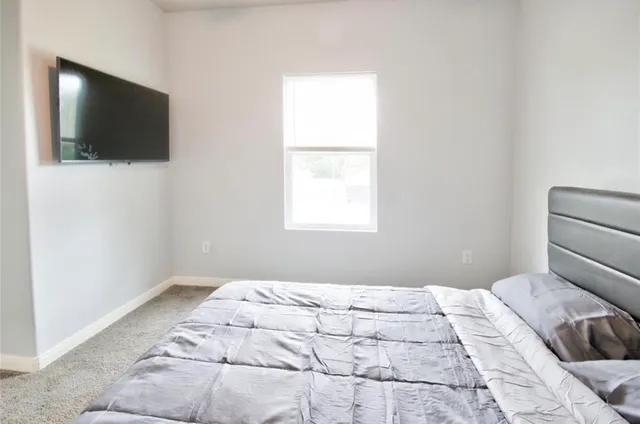 a bedroom with a bed and a flat screen tv