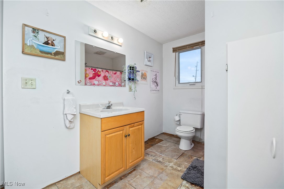 5569 Lear Nagle Road North Ridgeville, OH 44039 - Photo 29 of 41 Bathroom featuring vanity, a textured ceiling, and toilet