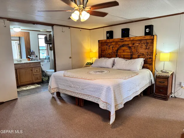 a bedroom with a large bed and a chandelier