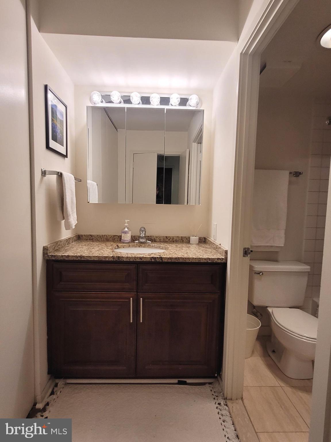 2020 Walnut Street, Unit 11A Philadelphia, PA 19103 - Photo 8 of 20 a bathroom with a granite countertop sink a toilet and mirror