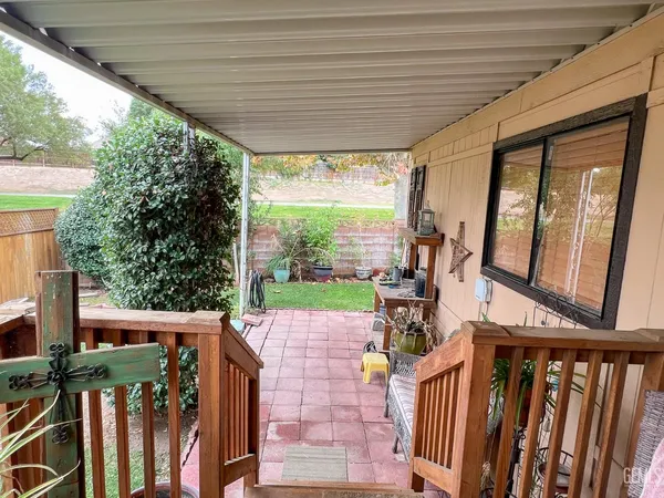 a porch with seating space