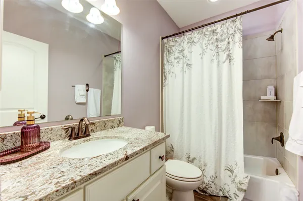 a bathroom with a granite countertop sink and a mirror a toilet a shower curtain