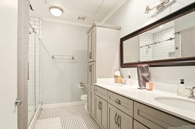 a bathroom with a sink a mirror a vanity and shower