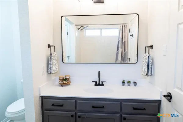 a bathroom with a sink vanity mirror and toilet