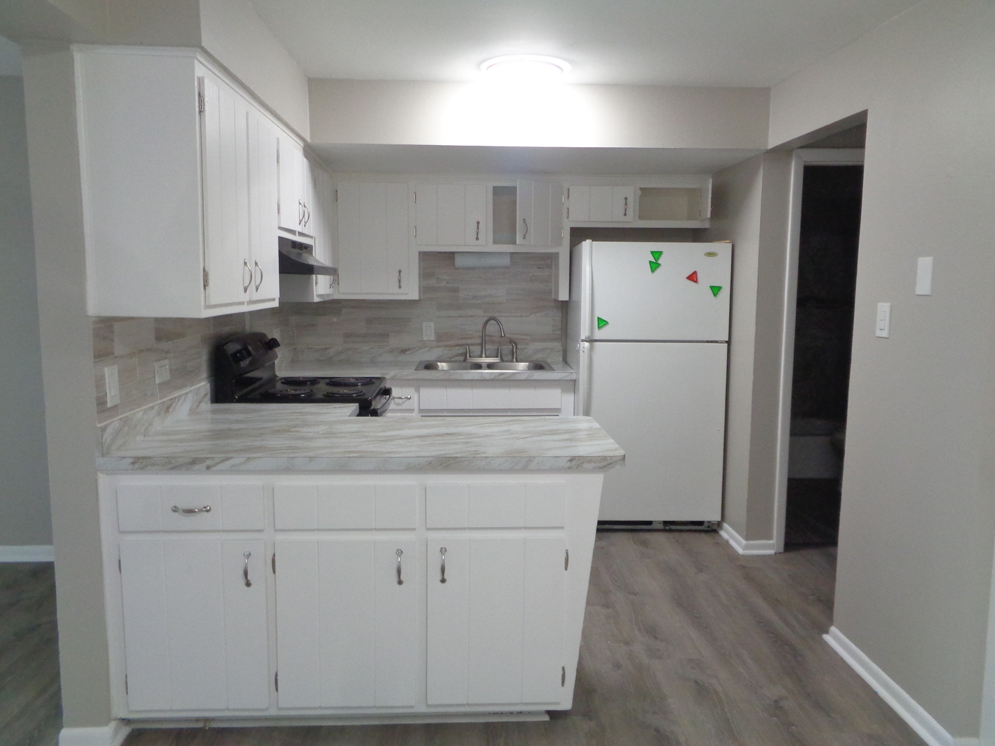 6045 Marshall Avenue, Unit 1W Chicago Ridge, IL 60415 - Photo 9 of 10 a kitchen with a sink a refrigerator and cabinets