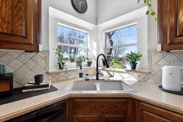 a kitchen with a sink a counter and cabinets