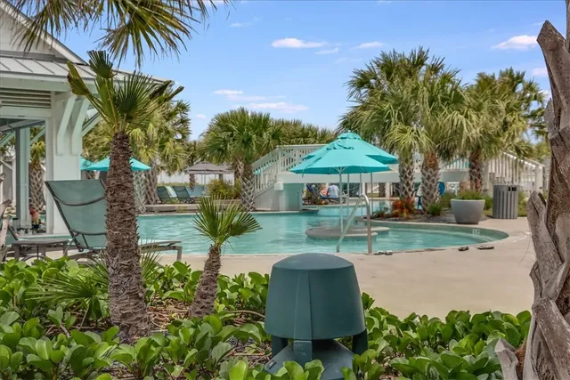 a view of a backyard with table and chairs potted plants and palm tree