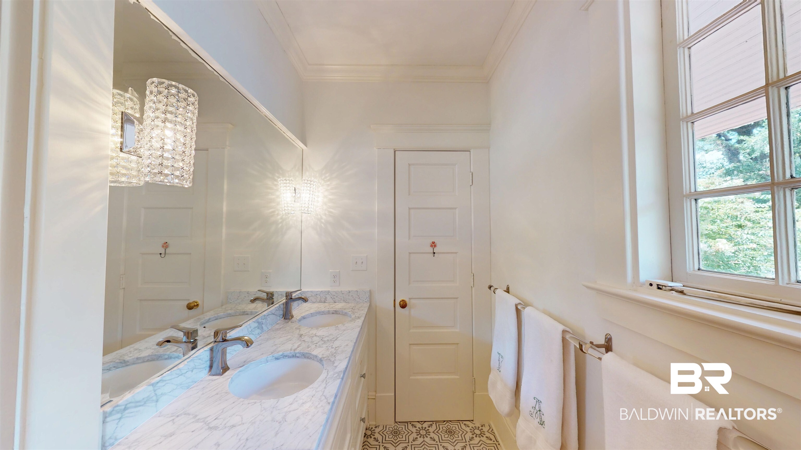 211 Lanier Avenue Mobile, AL 36607 - Photo 47 of 73 Bathroom featuring double vanity, crown molding, and tile patterned floors