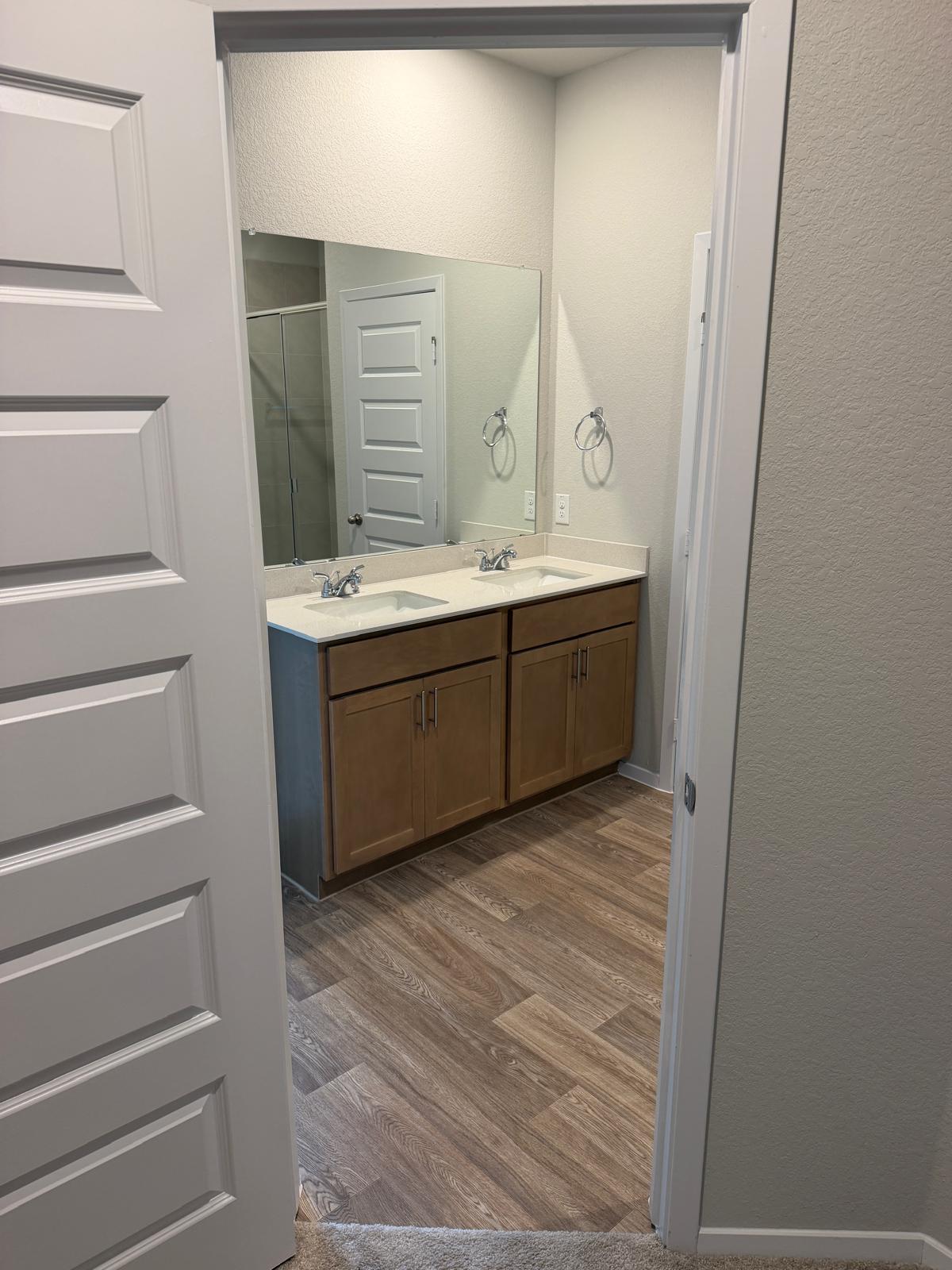 2701 Towy Road Manor, TX 78653 - Photo 23 of 35 Double vanity and spacious mirror elevate this functional bathroom with wood-look flooring.