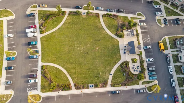 an aerial view of a swimming pool