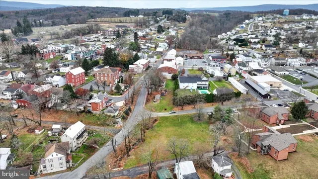 an aerial view of residential houses with outdoor space and trees