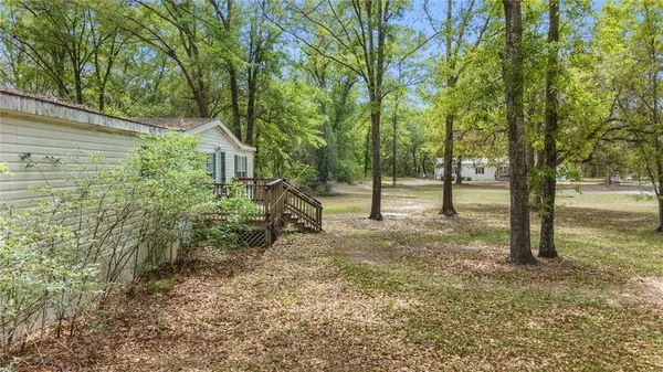 a view of a tree in the backyard of a house
