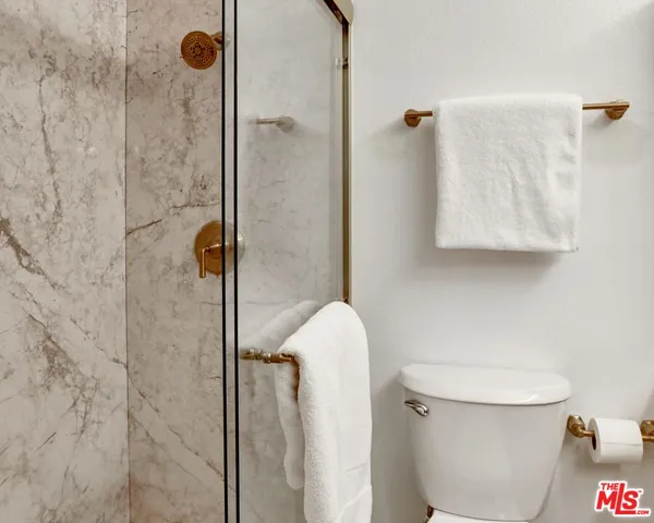 a bathroom with a toilet and a shower