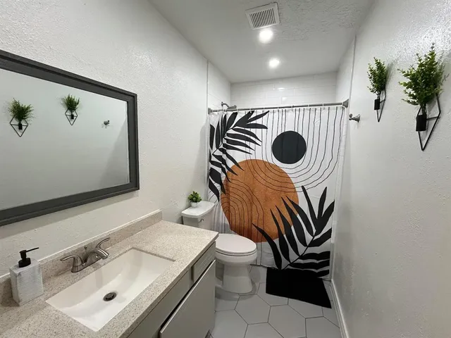 a bathroom with a sink a toilet and mirror