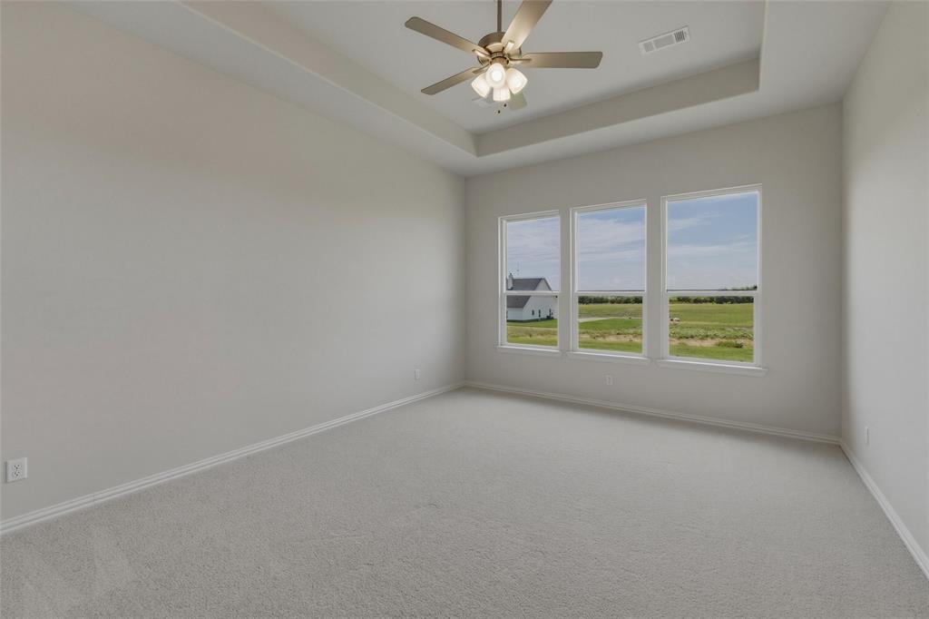 136 Hillview Trail Decatur, TX 76234 - Photo 13 of 26 Spacious room featuring a tray ceiling, ceiling fan with integrated lighting, three large windows, and light gray carpeting