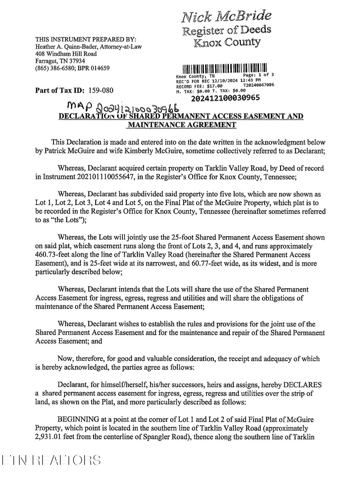 Old Valley Road Knoxville, TN 37920 - Photo 15 of 17 Easement Agreement, Page 1
