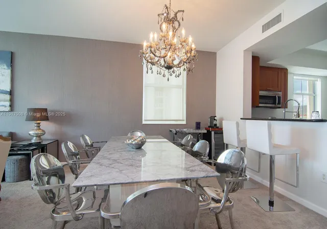 a view of a dining room with furniture window and outside view