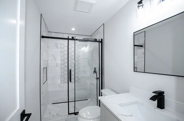 a bathroom with a shower and a toilet