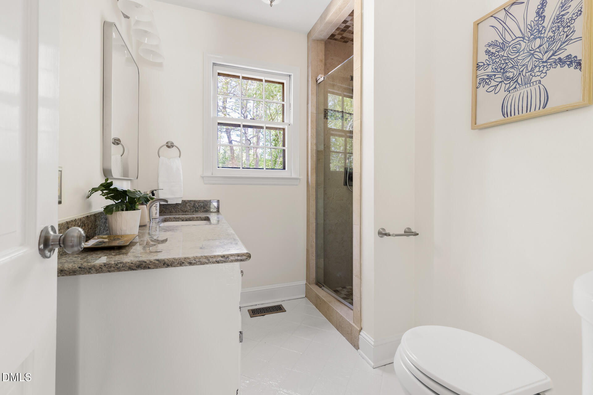 1706 Wallace Street Durham, NC 27707 - Photo 30 of 55 a bathroom with a granite countertop sink a toilet and a mirror