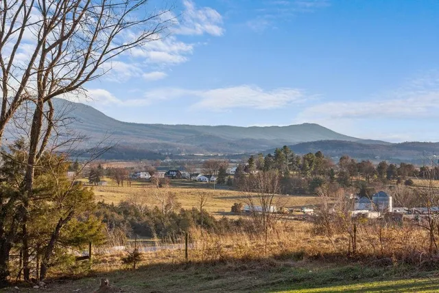 a view of a town with mountains in the background