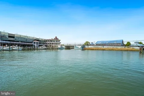 a view of an ocean with boats and trees in the background