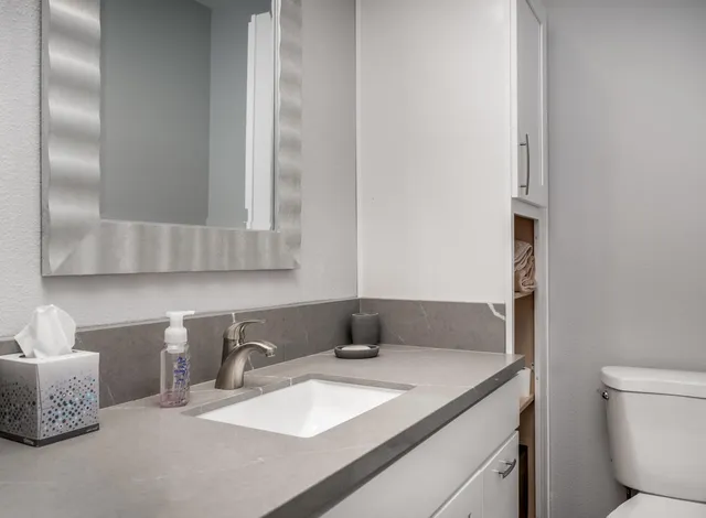 a bathroom with a granite countertop sink and a vanity