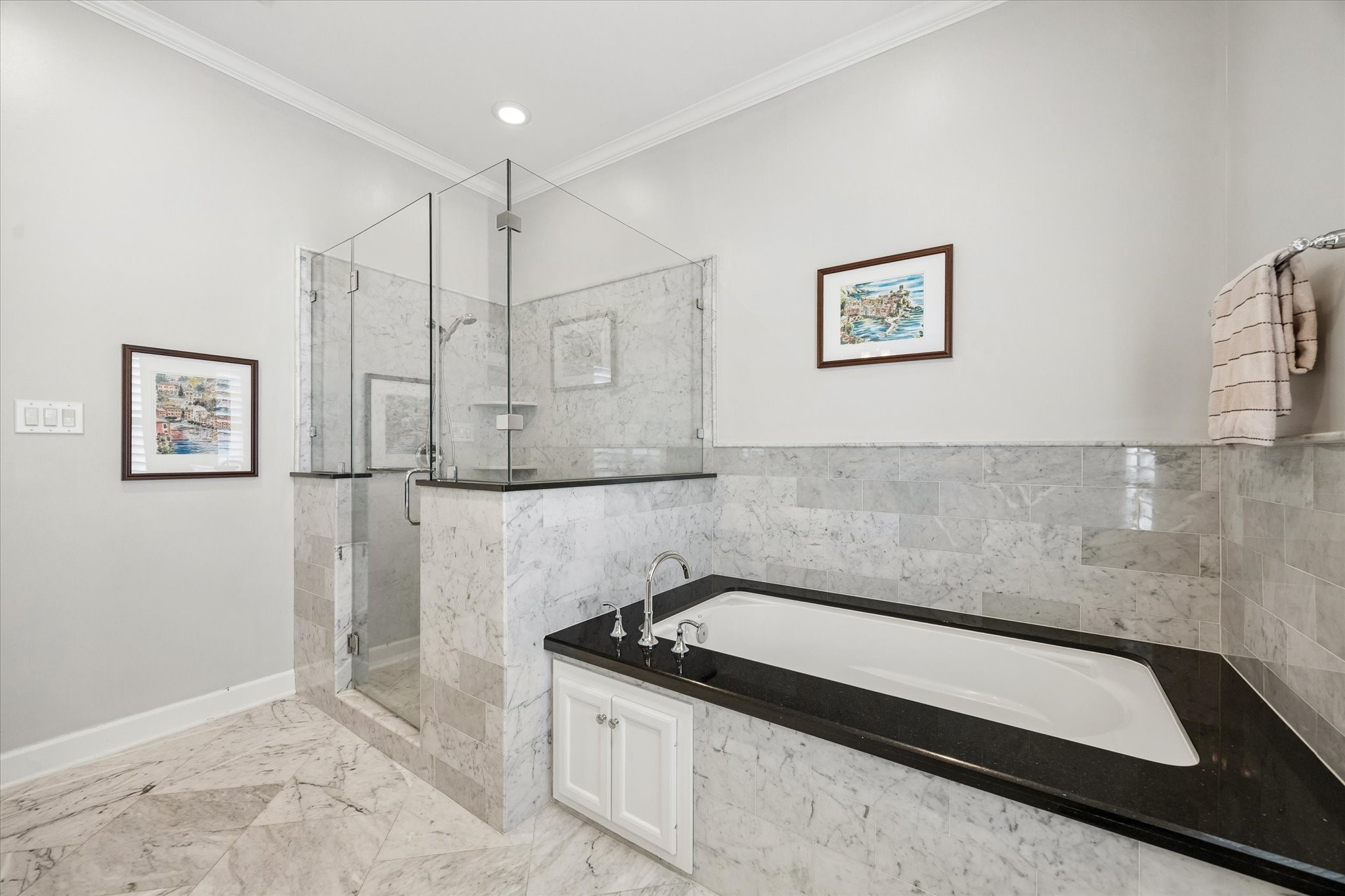 609 Rutland Street, Unit A Houston, TX 77007 - Photo 19 of 30 a bathroom with a granite countertop sink a mirror and a shower